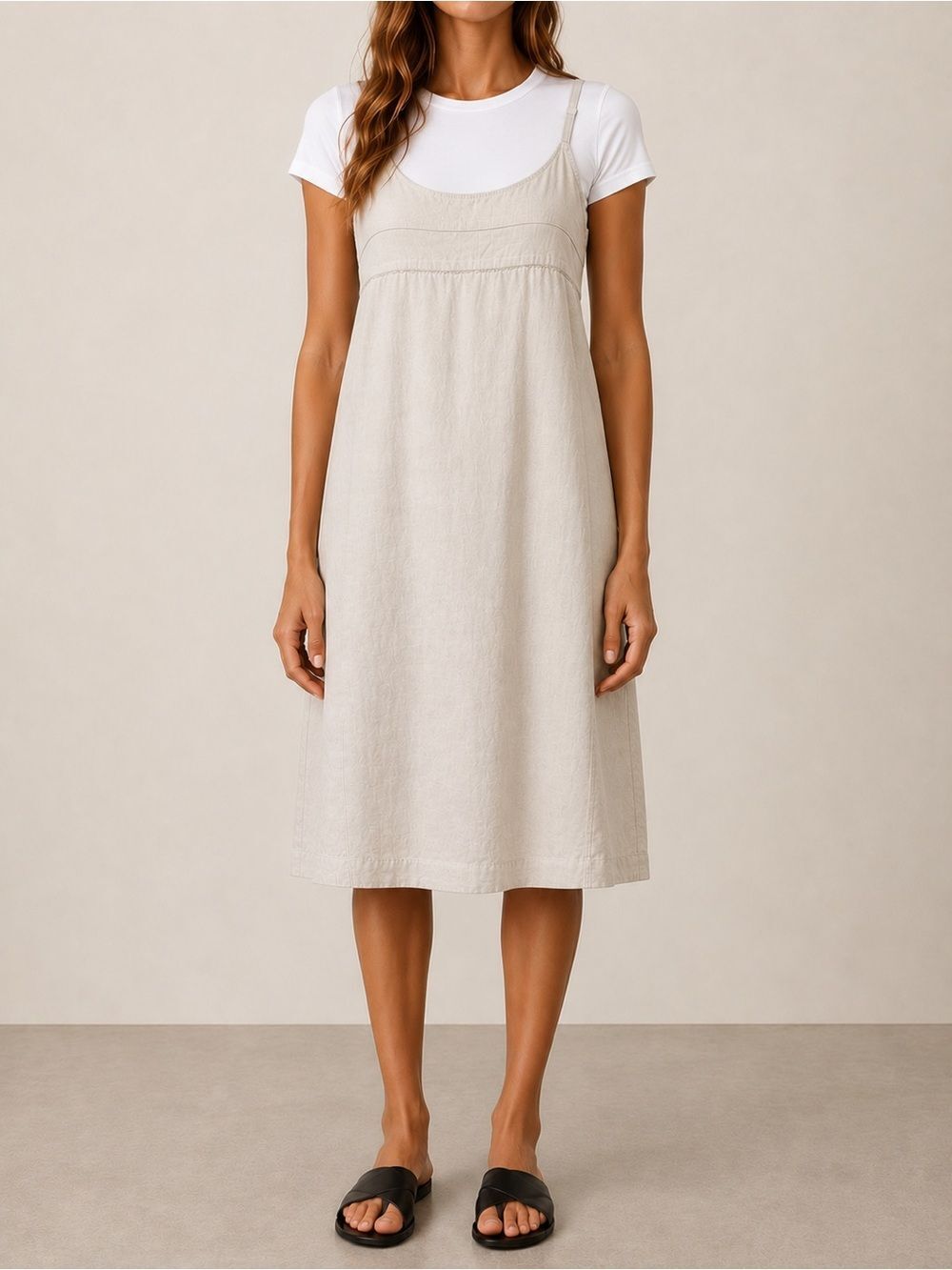 Eileen Fisher Linen Blend Jumper Dress Sz Medium Beige Sleeveless Midi Empire - Picture 10 of 10